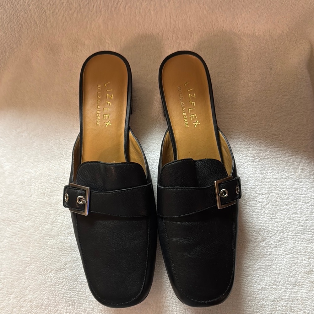 Liz Claiborne Black Mules with Square Toe and Metallic Buckle